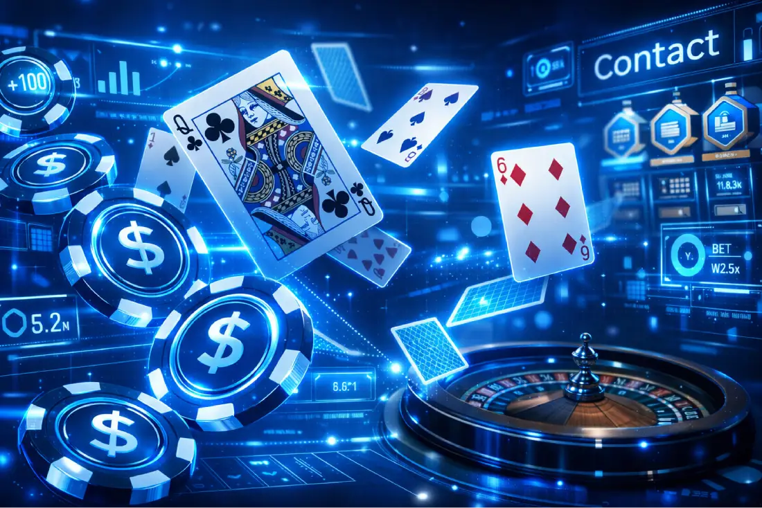 Casino imagery in a blue setting